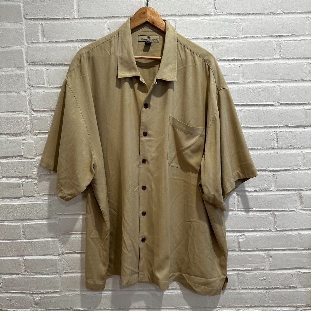 Tommy Bahama Short Sleeve Button Down Shirt 100% Silk Khaki Tan Men's XXL